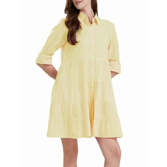 Womens Striped Button Down Midi Shirt Dress Casual Loose Cuffed Long Sleeve Mid Long Dresses Yellow L