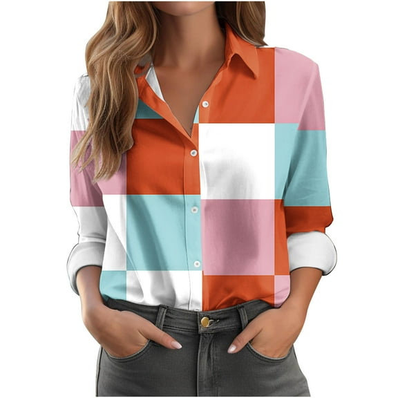 Womens Striped Button Down Shirt Long Sleeve Color Block Blouse Lapel Collared Casual Work Office Tops
