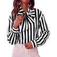 thumbnail image 1 of Womens Striped Button Down Shirts Bow Tie Neck Long Sleeve Tops, 2XL, 1 of 6