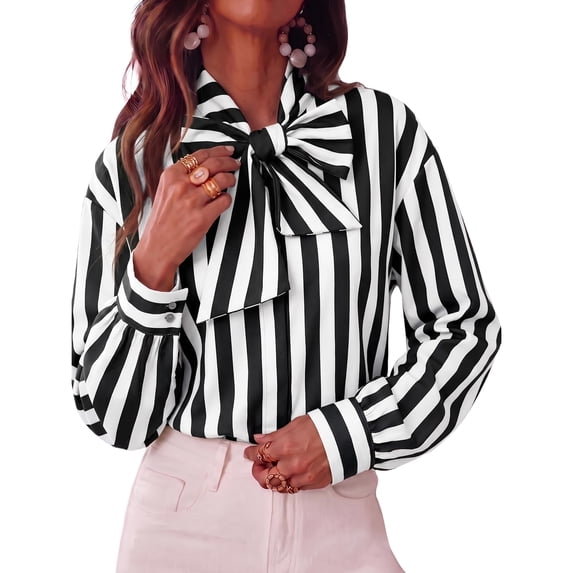 Womens Striped Button Down Shirts Bow Tie Neck Long Sleeve Tops, 2XL