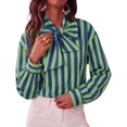 thumbnail image 1 of Womens Striped Button Down Shirts Bow Tie Neck Long Sleeve Tops, M, 1 of 6