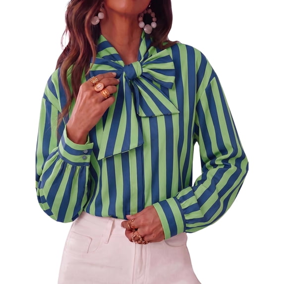 Womens Striped Button Down Shirts Bow Tie Neck Long Sleeve Tops, M