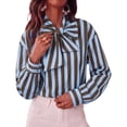 thumbnail image 1 of Womens Striped Button Down Shirts Bow Tie Neck Long Sleeve Tops, S, 1 of 6