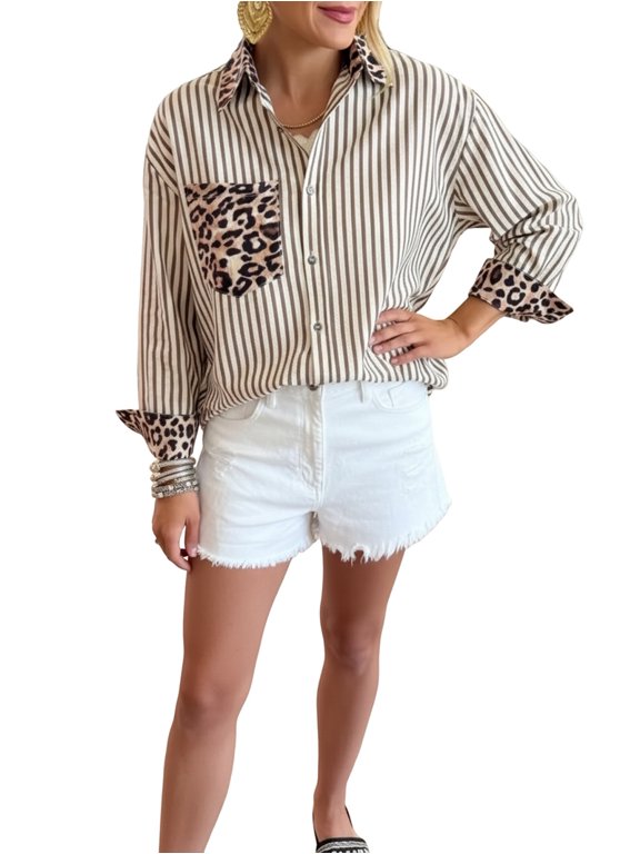 Womens Striped Button Down Shirts Casual Leopard Print Patchwork Long Sleeve Blouse with Pocket Khaki XXXL