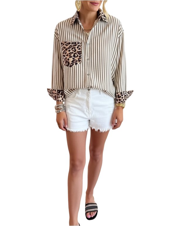 Womens Striped Button Down Shirts Casual Leopard Print Patchwork Long Sleeve Blouse with Pocket Khaki XXXL