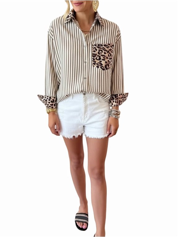 Womens Striped Button Down Shirts Casual Leopard Print Patchwork Long Sleeve Blouse with Pocket Khaki XXXL