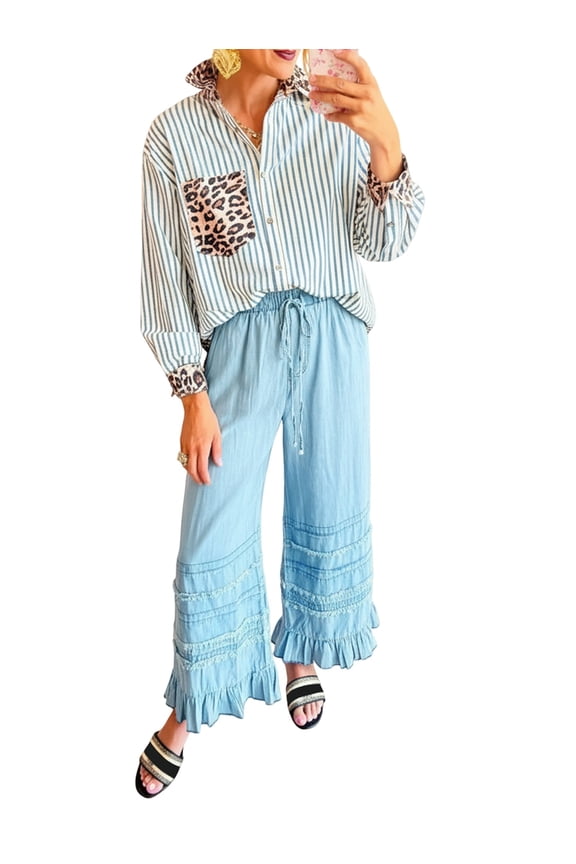 Womens Striped Button Down Shirts Casual Leopard Print Patchwork Long Sleeve Blouse with Pocket L