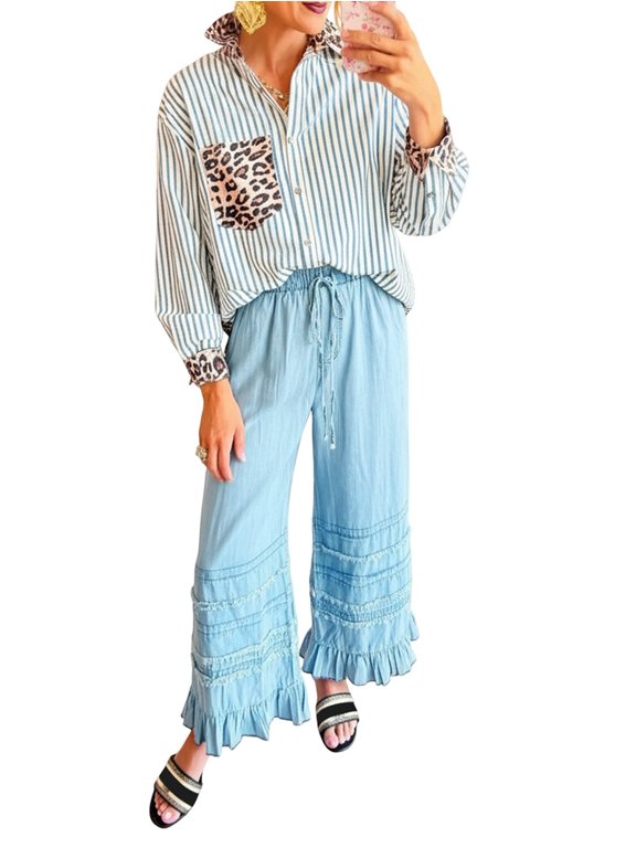 Womens Striped Button Down Shirts Casual Leopard Print Patchwork Long Sleeve Blouse with Pocket L