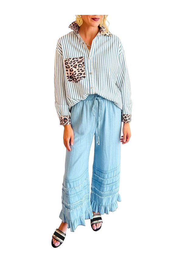 Womens Striped Button Down Shirts Casual Leopard Print Patchwork Long Sleeve Blouse with Pocket XXL