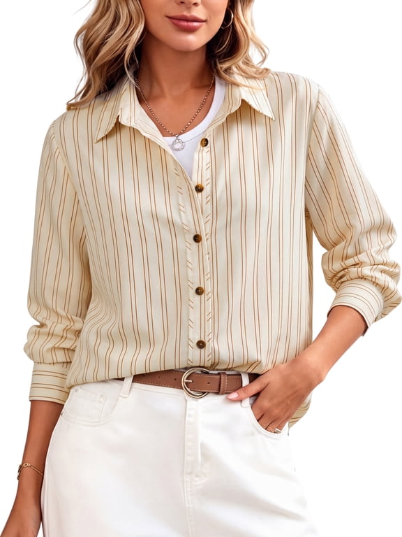 Womens Striped Button Down Shirts Casual Long Sleeve Collared Blouse Loose Fit Work Office Tops