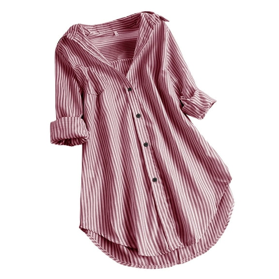 Womens Striped Button Down Shirts Classic Long Sleeve Stylish Collared Office Work Blouses Tops Oversized Tshirts Shirts