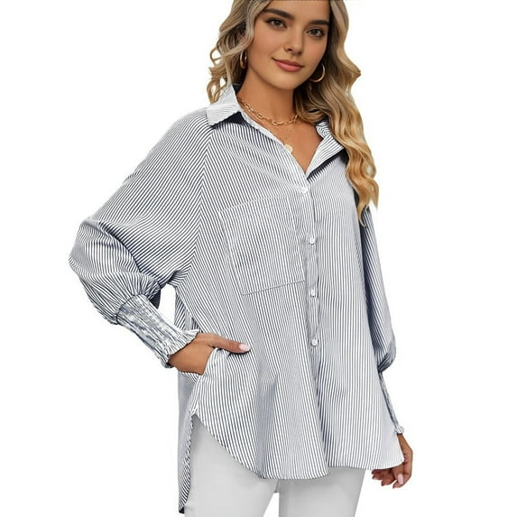 Mawalde Womens Striped Button Down Shirts Long Sleeve Tunic Tops Black XXL