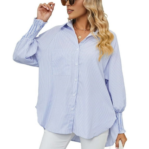 Womens Striped Button Down Shirts Long Sleeve Tunic Tops Blue XL