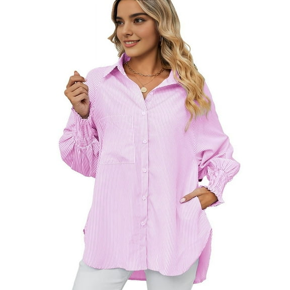 Womens Striped Button Down Shirts Long Sleeve Tunic Tops Pink M