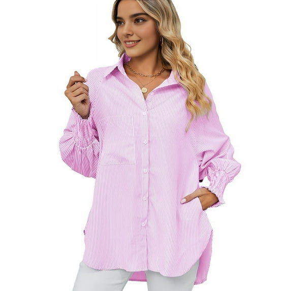 Mawalde Womens Striped Button Down Shirts Long Sleeve Tunic Tops Pink S