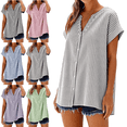 thumbnail image 1 of Womens Striped Button Down Shirts Oversized Short Sleeve V Neck Tops Summer Everyday Womens Linen Shirts S-2XL, 1 of 8