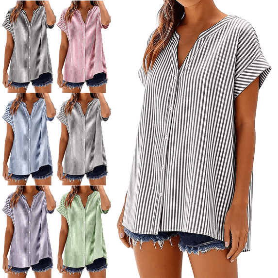 Womens Striped Button Down Shirts Oversized Short Sleeve V Neck Tops Summer Everyday Womens Linen Shirts S-2XL