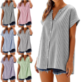 thumbnail image 1 of Womens Striped Button Down Shirts Oversized Short Sleeve V Neck Tops Summer Everyday Womens Linen Shirts S-2XL, 1 of 8