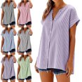 thumbnail image 1 of Womens Striped Button Down Shirts Oversized Short Sleeve V Neck Tops Summer Everyday Womens Linen Shirts S-2XL, 1 of 8