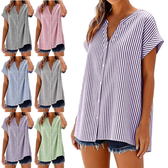 Womens Striped Button Down Shirts Oversized Short Sleeve V Neck Tops Summer Everyday Womens Linen Shirts S-2XL