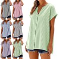 thumbnail image 1 of Womens Striped Button Down Shirts Oversized Short Sleeve V Neck Tops Summer Everyday Womens Linen Shirts S-2XL, 1 of 8