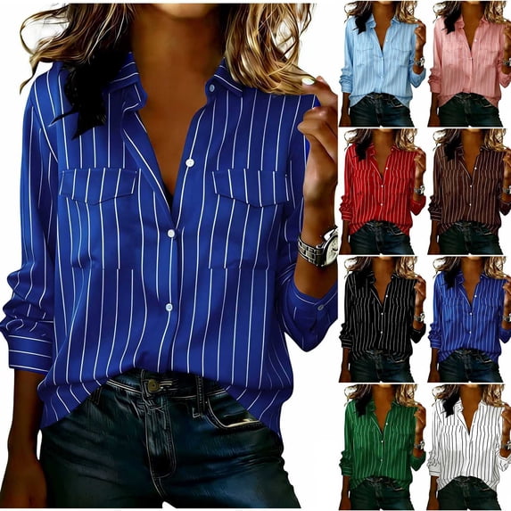 Womens Striped Button Down Shirts with Pockets Collared Long Sleeve Business Casual Dressy Blouses Office Wear (XL, Blue)