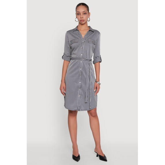Womens Striped Button Front Shirt Dress with Tie Waist Belt