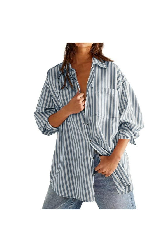 Womens Striped Button Down Shirts Oversized Boyfriend Shirt Collar Pocket Long Sleeve Office Work Shirt Fashion Spring Summer Tops for Women Casual Loose Fit Business Blouses Classic Dress Shirt