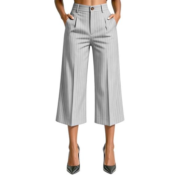 Womens Striped Capri Suit Pants High Waist Pocket Cropped Workwear Wide Leg Trousers for office Daily Casual Gray M(M)