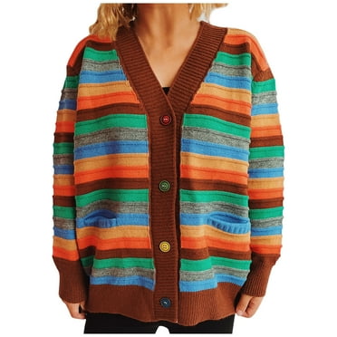 Womens Striped Cardigan Oversized Long Sleeve Color Block Knit Coat Casual Loose Button Up V Neck Sweater Jackets (Brown S)
