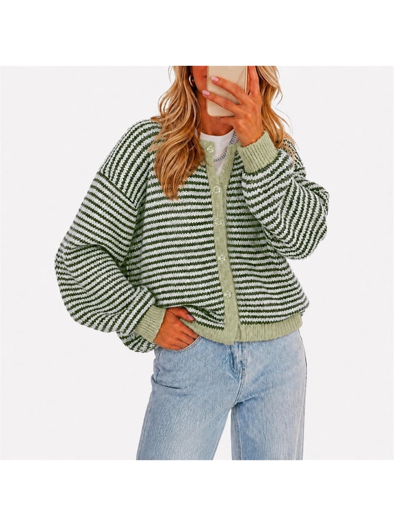Womens Striped Cardigan Sweaters Long Sleeve Button Up Knit Tops Fall Winter Oversized Color Block Loose Open Front Casual Cardigan M