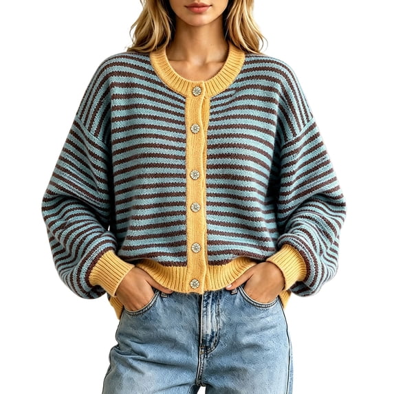 Womens Striped Cardigan Sweaters Long Sleeve Button Up Knit Tops Oversized Button Down Fall Winter Cardigan (Z001#-Coffee XL)