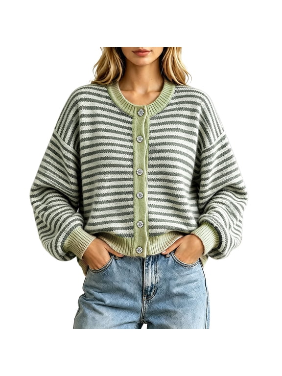 Womens Striped Cardigan Sweaters Long Sleeve Button Up Knit Tops Oversized Button Down Fall Winter Cardigan (Z001#-Green L)