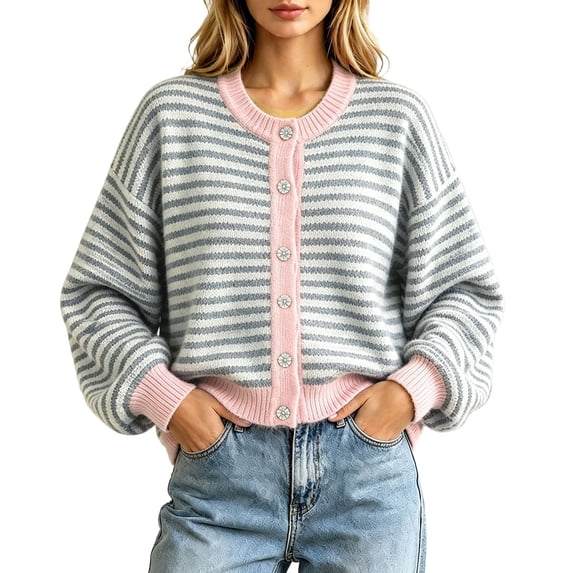 Womens Striped Cardigan Sweaters Long Sleeve Button Up Knit Tops Oversized Button Down Fall Winter Cardigan (Z001#-Grey L)