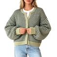 thumbnail image 1 of Womens Striped Cardigan Sweaters Long Sleeve Button Up Knit Tops Oversized Button Down Fall Winter Cardigan (Z002#-Green XL), 1 of 5