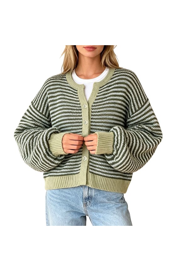 Womens Striped Cardigan Sweaters Long Sleeve Button Up Knit Tops Oversized Button Down Fall Winter Cardigan (Z002#-Green XL)
