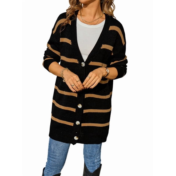 Womens Striped Cardigan Sweaters Long Sleeve V Neck Open Front Button Down Knit Cardigan Black L