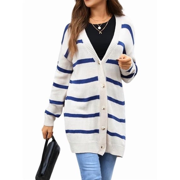 Womens Striped Cardigan Sweaters Long Sleeve V Neck Open Front Button Down Knit Cardigan Cream White M
