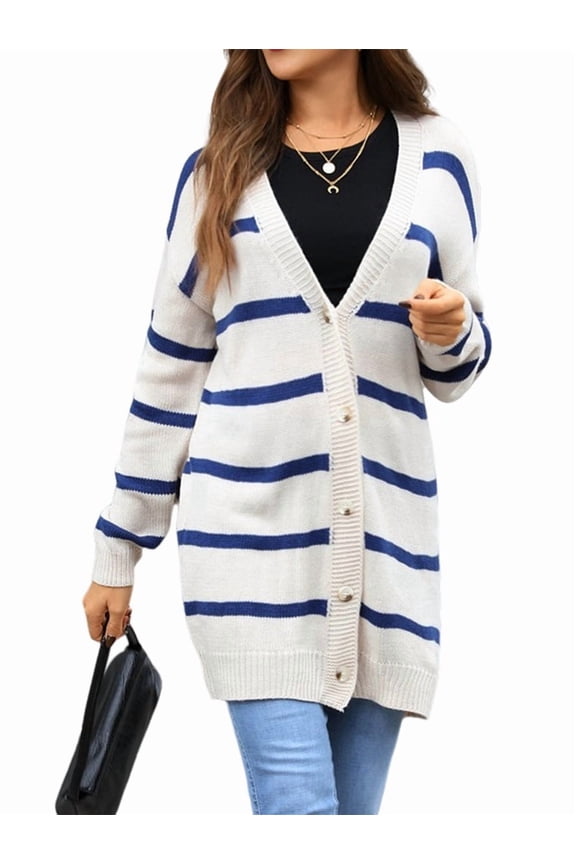 Womens Striped Cardigan Sweaters Long Sleeve V Neck Open Front Button Down Knit Cardigan Cream White M
