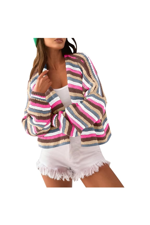 Womens Striped Cardigan Sweaters Open Front Lightweight Knit Rainbow Color Block Casual Fall Long Sleeve Top (XL, Pink)