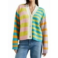 thumbnail image 1 of Womens Striped Cardigan Sweaters V Neck Open Front Button Up Color Block Fuzzy Loose Knit Coats Pink Green M, 1 of 6