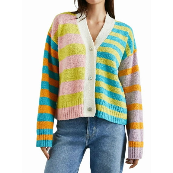 Womens Striped Cardigan Sweaters V Neck Open Front Button Up Color Block Fuzzy Loose Knit Coats Pink Green XL