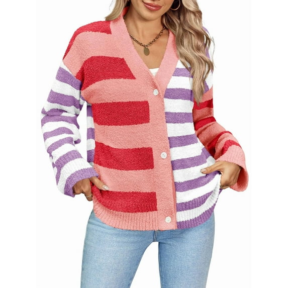Womens Striped Cardigan Sweaters V Neck Open Front Button Up Color Block Fuzzy Loose Knit Coats Pink M