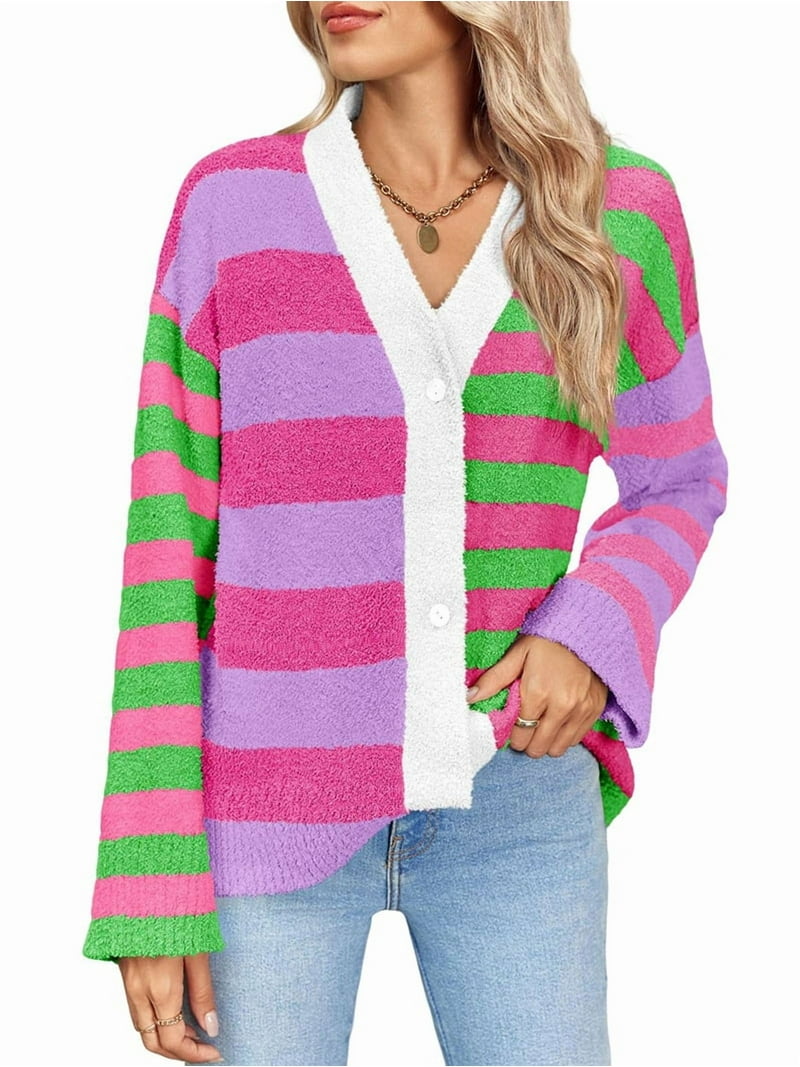 Womens Striped Cardigan Sweaters V Neck Open Front Button Up Color