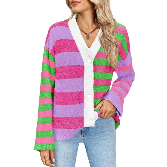 Womens Striped Cardigan Sweaters V Neck Open Front Button Up Color Block Fuzzy Loose Knit Coats Rose Red M