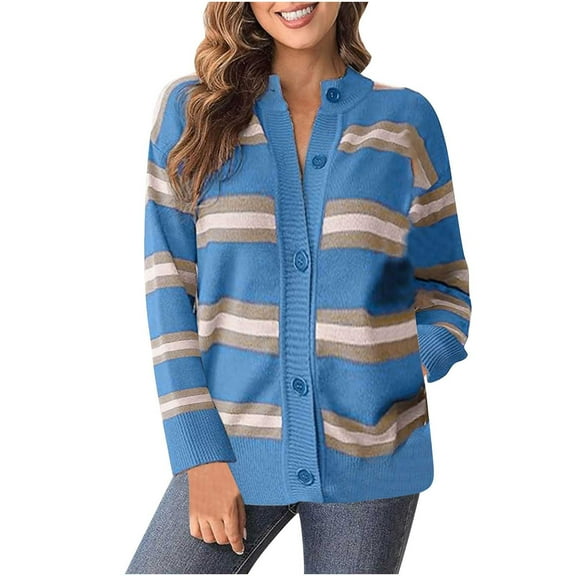 Womens Striped Cardigan with Buttons Crew Neck Long Sleeve Open Front Sweater Lightweight Casual Loose Knitted Coat (Blue L)