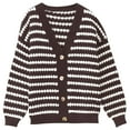thumbnail image 1 of Womens Striped Cardigan with Buttons Vneck Long Sleeve Open Front Sweater Lightweight Casual Loose Knitted Coat (Coffee Free Size), 1 of 3