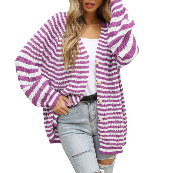 Womens Striped Cardigan with Buttons Vneck Long Sleeve Sweater Coat Fall Casual Loose Knitted Open Front Top (Purple L)
