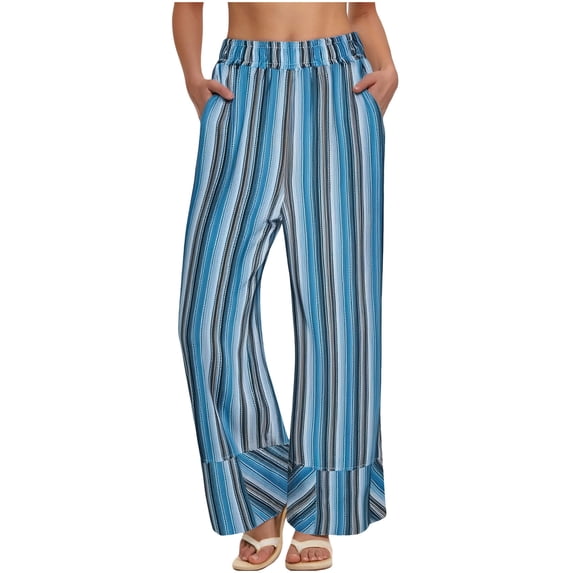 Womens Striped Casual Pants High Waisted Wide Leg Trendy Beach Pull On Elastic Waist Casual Flowy Pants With Pockets (L, Blue)