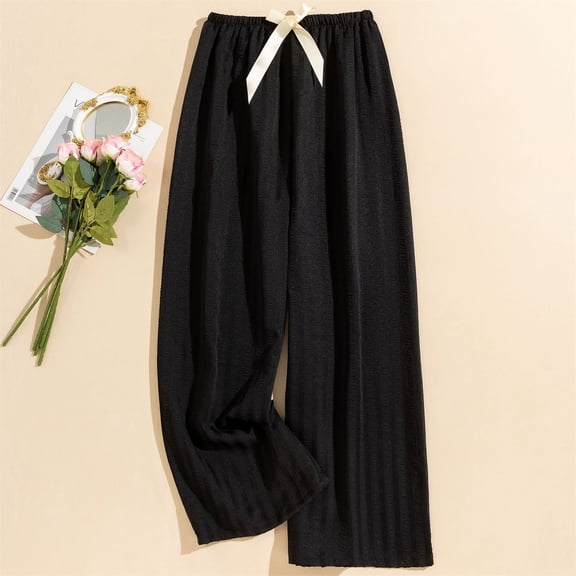 Womens Striped Casual Straight Leg Pant Summer Elastic Waist Baggy Lounge Trousers Trendy Color Block Beach Outfits Black Free